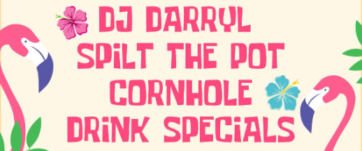 DJ Darryl, Split the Pot, Cornhole, and Drink Special poster with flamingos and flowers